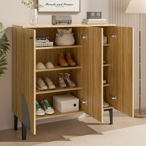 Zapatero (90x32x94 cm), con varios estantes, puertas cerradas, diseño decorativo, aglomerado, color madera (1/5)
