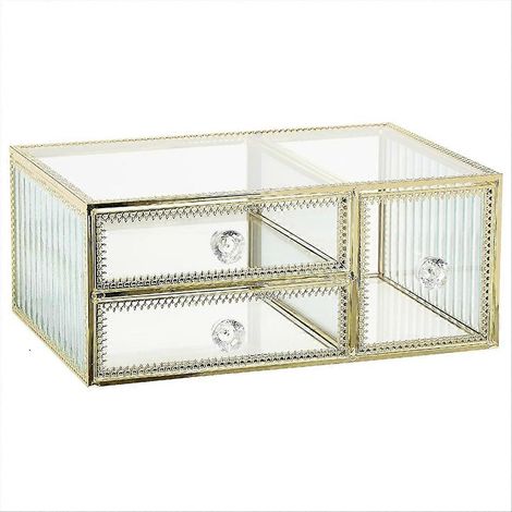 Elegante Aufbewahrungsbox aus Glas mit 3 Schubladen – Schminktisch-Organizer mit goldenen Akzenten, geeignet für Büro und Badezimmer, luxuriöse Ausführung (1/5)