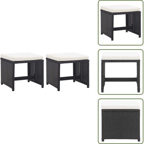 The Living Store Tabourets de jardin lot de 2 avec coussins Résine tressée Noir - Tabouret en rotin (1/5)