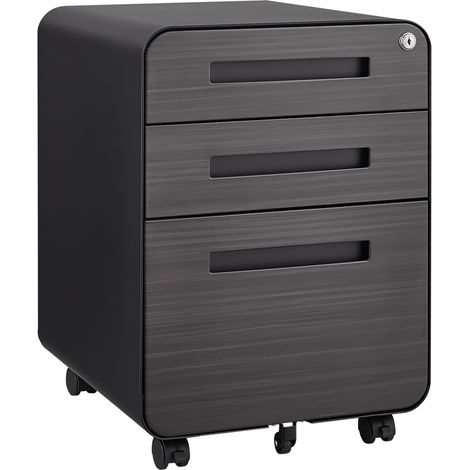 Classeur de bureau mobile noir à 3 tiroirs, acier laminé à froid, rangement polyvalent avec roulettes antivol et barres suspendues (1/5)