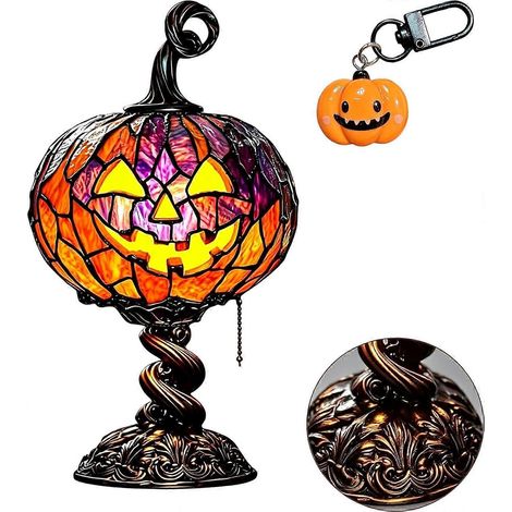 Lampe de table citrouille d'Halloween en vitrail - Lampe citrouille vintage alimentée par USB, lampe citrouille en résine pour fête d'Halloween à la maison, décoration saisonnière d'Halloween (1/5)