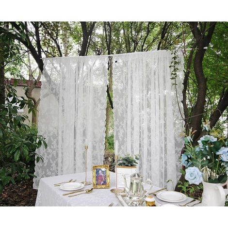 Set of 2 white lace curtains with embroidered flowers in sheer lace for living room, bedroom, 2 pieces, width 150 x height 20 cm (1/5)