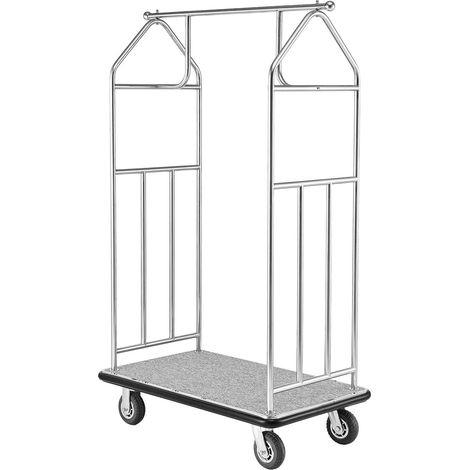 Chariot à bagages pour hôtel, capacité 800 livres, finition acier inoxydable brossé, chariot de groom avec plateau tapis gris et roues caoutchouc 6 pouces, idéal hôtels, condos, complexes, argent (1/5)