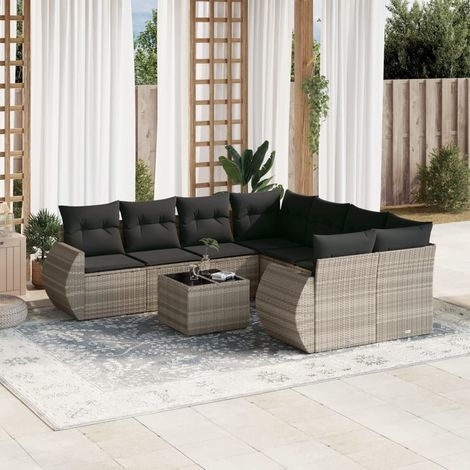Set muebles jardín 9 pzas y cojines ratán sintético gris claro vidaXL (1/5)