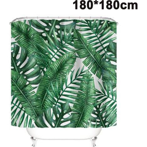 Rideau de douche tropical, ensemble de rideaux de salle de bain en tissu à feuilles de bananier vert avec crochets, décoration de salle de bain lavable en machine (1/4)