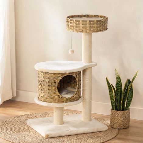 Arbre à chat en bois avec panier en rotin et balle suspendue (1/5)