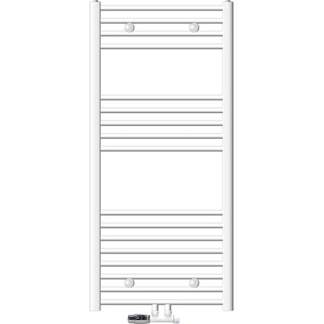 ECD Germany Badheizkörper Mittelanschluss 600 x 1200 mm Weiß gebogen mit Anschlussgarnitur für Heizkörper mit Thermostat Eck Wand Weiß - Heizung Handtuchwärmer Handtuchtrockner Handtuchheizkörper (1/5)