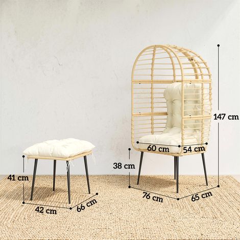 Gartensessel mit Hocker PE Rattan Ei-Form Korbsessel mit langen & dicken Kissen Metallrahmen Beige (1/5)