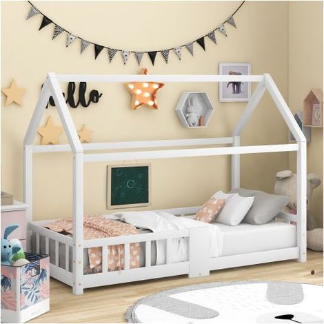 Lit Cabane Enfant 90x200cm - Blanc Pin Massif Avec Tableau Noir - Lit Enfant - Forme Maison Barrière - Sécurité Sommier Lattes (1/5)