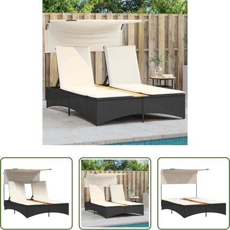 Sonnenschutz - Doppel-Sonnenliege mit Dach und Auflagen Schwarz Poly Rattan (1/5)