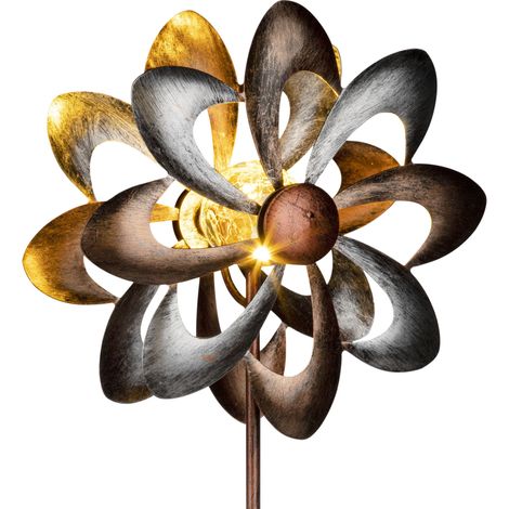 Metall Doppel Windrad mit Solar LED Glaskugel - Ø 23 cm - Deko Gartenstecker mit Beleuchtung in warm weiß - Garten Deko Windspiel Windmühle Blumenstecker Beetstecker beleuchtet wetterfest