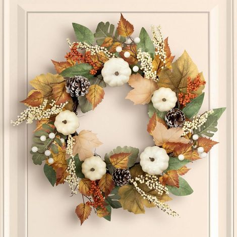 LAOA Herbstkranz für die Haustür, 40 cm künstlicher Herbstkranz mit Kürbis, Ahornblatt und Tannenzapfen, Dekoration für Erntedankfest, Halloween und Weihnachten (1/5)
