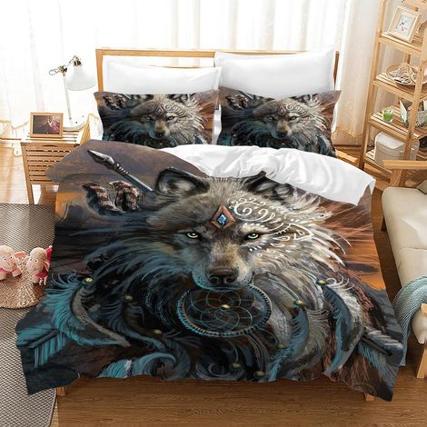 Bettwäsche Set 135x200cm mit Wolf-Motiv, 3D-Druck, Mikrofaser, 2 Kissenbezüge