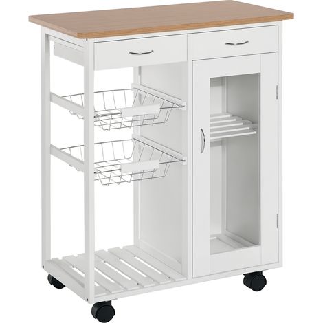 Chariot en bois sur roulettes 70x37x85 cm avec étagères, paniers et tiroirs multifonction, mobile pratique pour cuisine et salle de bain design