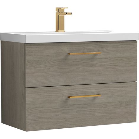 Balterley 800mm Wall Hung Bathroom 2 Drawer Vanity Unit and 1 Tap Hole Ceramic Basin, Woodgrain Mid Oak & Brushed Bronze Handles
