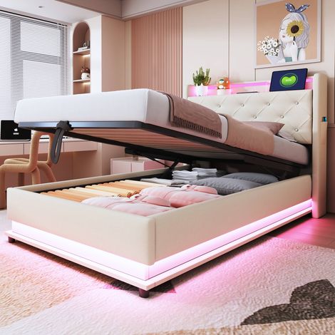 Lit enfant rembourré 90x200 cm, lit coffre hydraulique avec LED, USB et Type-C, tête de lit rangement, tissu lin beige, sommier à lattes inclus (1/5)