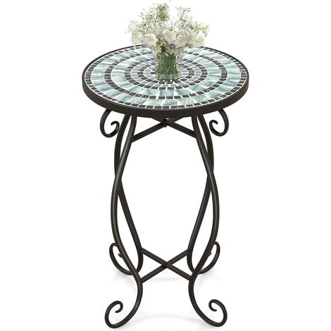 Small Plant Stand with Weather Resistant Ceramic Tile Tabletop-Black & Smoke Blue (1/5)
