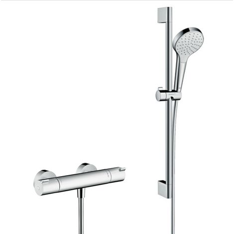 Hansgrohe Croma Select S 110 1jet / Unica'Crometta 0,65 m Duschset + Thermostat-Brausemischer, Chrom (13211000-Crometta3)
