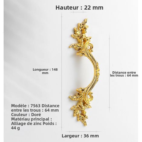 Satz von 10 Möbelgriffen im europäischen Retro-Stil aus Zinklegierung, goldene und antike silberne Aufhänger mit gravierten Mustern, Beschläge für Schubladen und Schränke, Lochabstand 64 mm (Modell 75