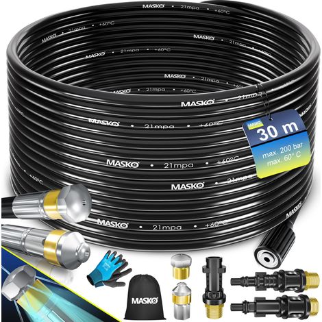 MASKO® Premium juego de manguera para limpieza de tuberías desatascador 200 bar incl. bolsa 3 adaptadores 2 boquillas + giratoria compatible con Kärcher 30m / Negro - Premium (1/5)