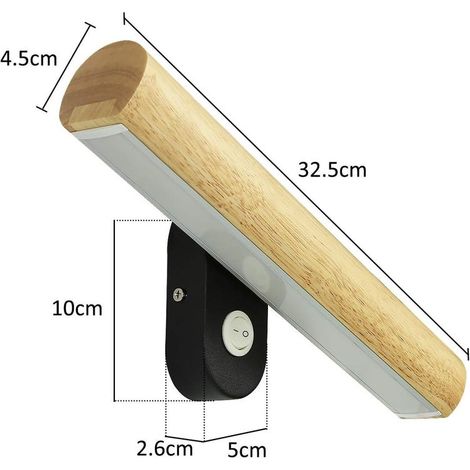LED-Wandleuchte aus Holz mit Schalter, 360° schwenkbar, 6 W Bettlampe Warmweiß/Kaltweiß/Naturweiß 3 in 1 umschaltbar, 32,5 cm