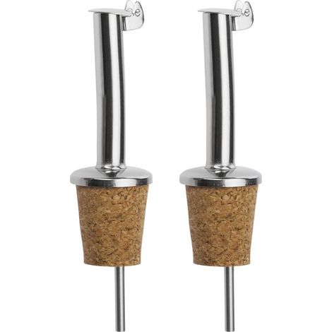 Vertedor de alcohol/aceite/vinagre para 2 botellas con válvula, tubo de aire, metal/acero inoxidable, tapón de corcho, acero inoxidable estándar, plateado.