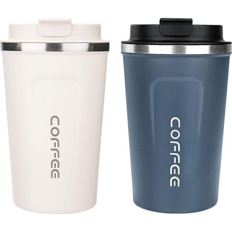 Thermobecher Kaffeebecher Edelstahl Deckel 380 ml 2er Set Weiß Blau (1/5)