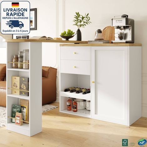 MODFU - Aparador de cocina blanco con mesa de bar giratoria de 360°, para sala y comedor, MDF, 1 puerta y 2 cajones (1/5)
