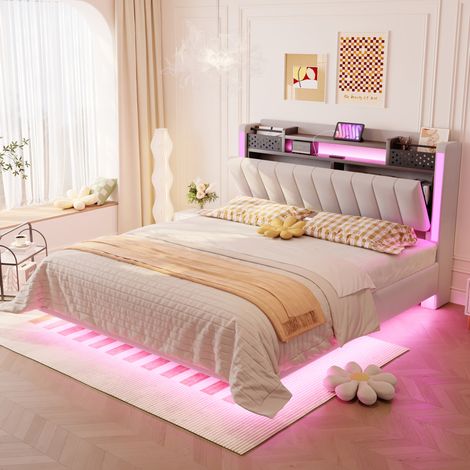 Bett 140x200 cm modern gepolstert in Beige mit Kopfteil-Stauraum, USB, LED und Lattenrost (1/5)