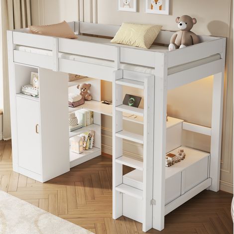 Hochbett 90/200 cm in Weiß mit Schreibtisch, Kleiderschrank und Regalen (1/5)