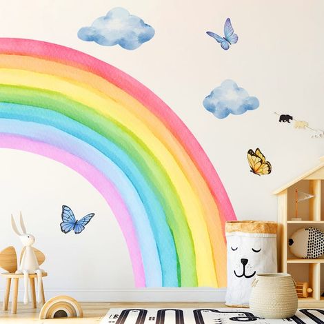 Pegatinas de pared infantiles con diseño de nubes arcoíris y mariposas, gran formato, ideales para la habitación del bebé o la sala de juegos (1/5)