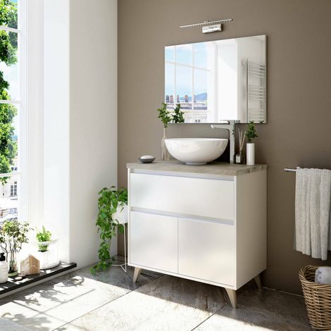 Dmora - Sous-lavabo Dalibon, Meuble de salle de bain avec 2 portes et 1 tiroir, Armoire de sol, évier non inclus, 78,5x46h80 cm, Blanc et orme (1/3)