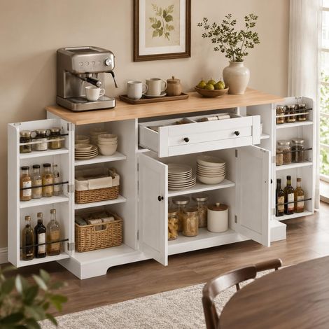 FurnitureR White Light Wood Sideboard 138x40x85cm with Drawer 4 Doors (1/5)