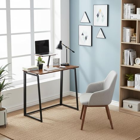 Bureau Compact et Pliable, Plateau Bois Effet Vintage et Cadre Métal, Etagère Surélevée Pratique, Facile à Monter et Déplacer pour Chambre, Salon ou Bureau, 80 x 40 x 74 cm (1/5)