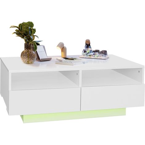 Tavolino da Salotto con 4 Cassetti e LED Bluetooth USB, Finitura Lucida, Stile Moderno, in Pannello Truciolare, Bianco (1/5)