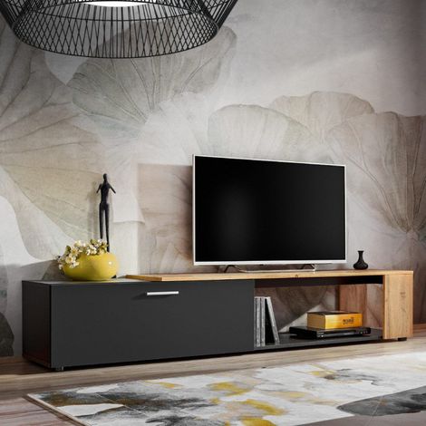 Paris Prix – Meuble TV 200cm noir et naturel – MDF élégant et moderne – Finition mate – Entretien facile avec chiffon humide (1/4)