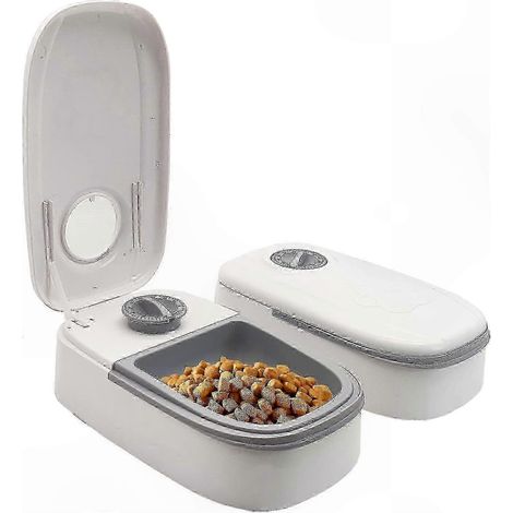 Distributeur automatique de nourriture pour animaux de compagnie compatible avec les chats et les petits chiens, avec minuterie de 48 heures, deux gamelles et un plateau pour la nourriture. (1/4)