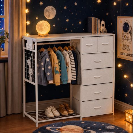 Perchero infantil con 6 cajones de tela, barra para ropa y enchufe, blanco (1/5)