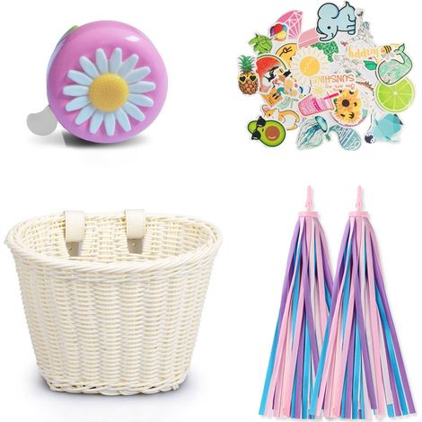 Panier de vélo enfant, panier de vélo tressé pour fille, nœud et sonnette pour guidon, panier de vélo enfant avec sangles supplémentaires, installation facile