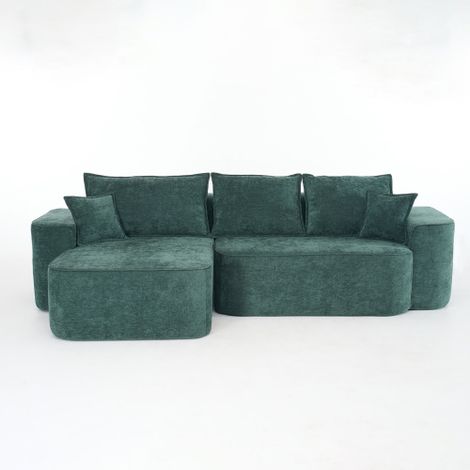 Canapé d’angle, canapé 3 places, poches latérales, 5 coussins, en chenille, vert (1/5)