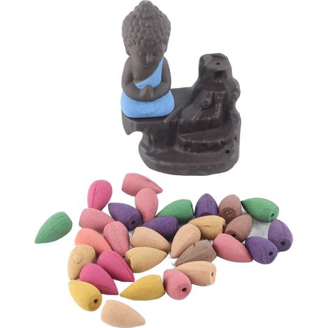 Encensoir à flux inversé Monk, brûle-encens cascade en grès violet, apaisant et confortable, avec 30 bâtonnets d'encens pour yoga et bureau, bleu ciel (1/5)
