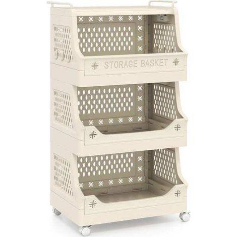 4 niveaux panier à linge sur roulettes, chariot de rangement en plastique pour buanderie avec crochets latéraux (1/5)