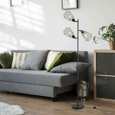 Lampadaire design industriel 3 ampoules max. 40 W abat-jour cage métal noir - Modèle