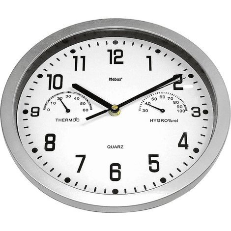 Quarz Wanduhr 25,5 cm – Silber – Temperatur- und Luftfeuchtigkeitsanzeige – Modernes Design für Wohnräume – Mebus