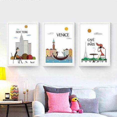 Minimalistische Stadtlandschaft, bedrucktes Leinwandposter im Aquarellstil, schlichte und trendige Wanddekoration für Wohnzimmer, Schlafzimmer, Büro und Kinderzimmer. (1/4)