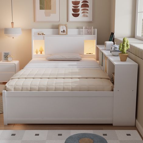 Letto bambini 90x200 cm con 2 cassetti, vano portaoggetti, 2 lampade e presa elettrica, in legno, senza materasso, bianco (1/5)