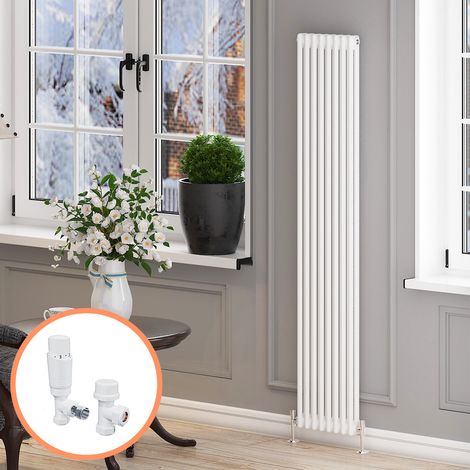 ELEGANT 1800 x 372 mm Traditional Radiator Cast Iron Style Radiator White Vertical Column Radiators + White Thermostatic Radiator Valves (1/5)