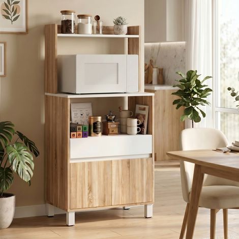 Meuble Micro-Ondes, Buffet Cuisine avec Tiroir, 2 Portes à Fermeture Douce, Plan de Travail et Étagères Ouvertes, Chêne (1/5)