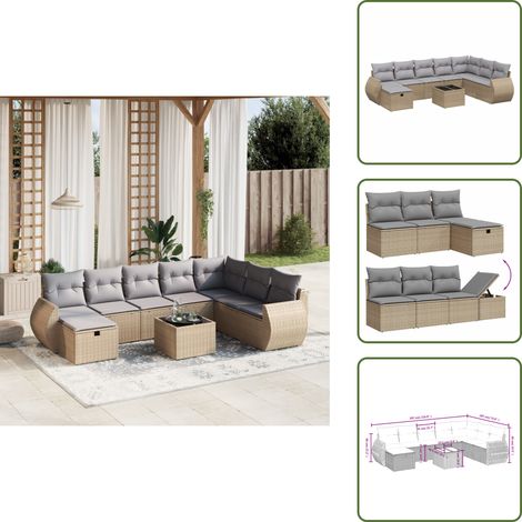 The Living Store 9-tlg. Garten-Sofagarnitur mit Kissen Beige Poly Rattan - Gartenmöbel Set - Outdoor Lounge - Rattan Gartenset - Gartenlounge - Esstisch Set (1/5)