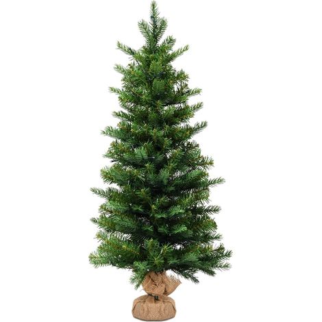 GOPLUS Mini Sapin de Noel Artificiel 90CM, LED Lumieres Blanche Chaude et Minuteur avec 2 Modes d’Eclairage, Arbre de Noel Table avec 363 Branches, Base en Ciment et Lin, Decorations de Noel (1/5)